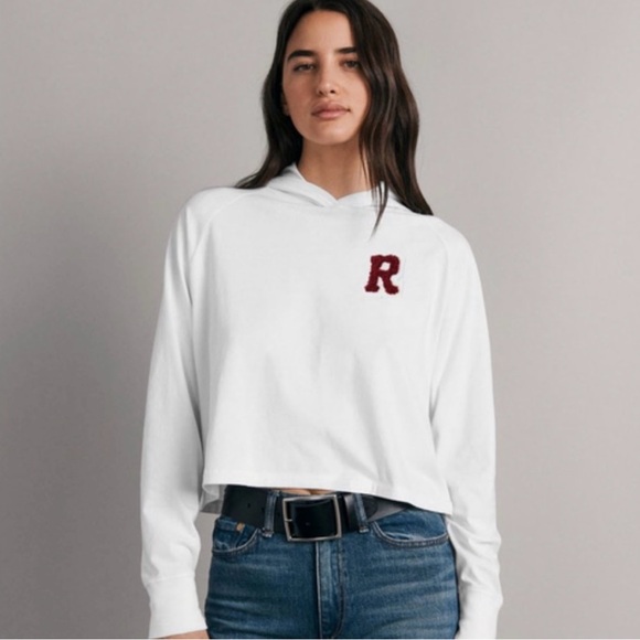 Rag & Bone R Patch White Cropped Hoodie XS Full Cut NWOT - Picture 1 of 9